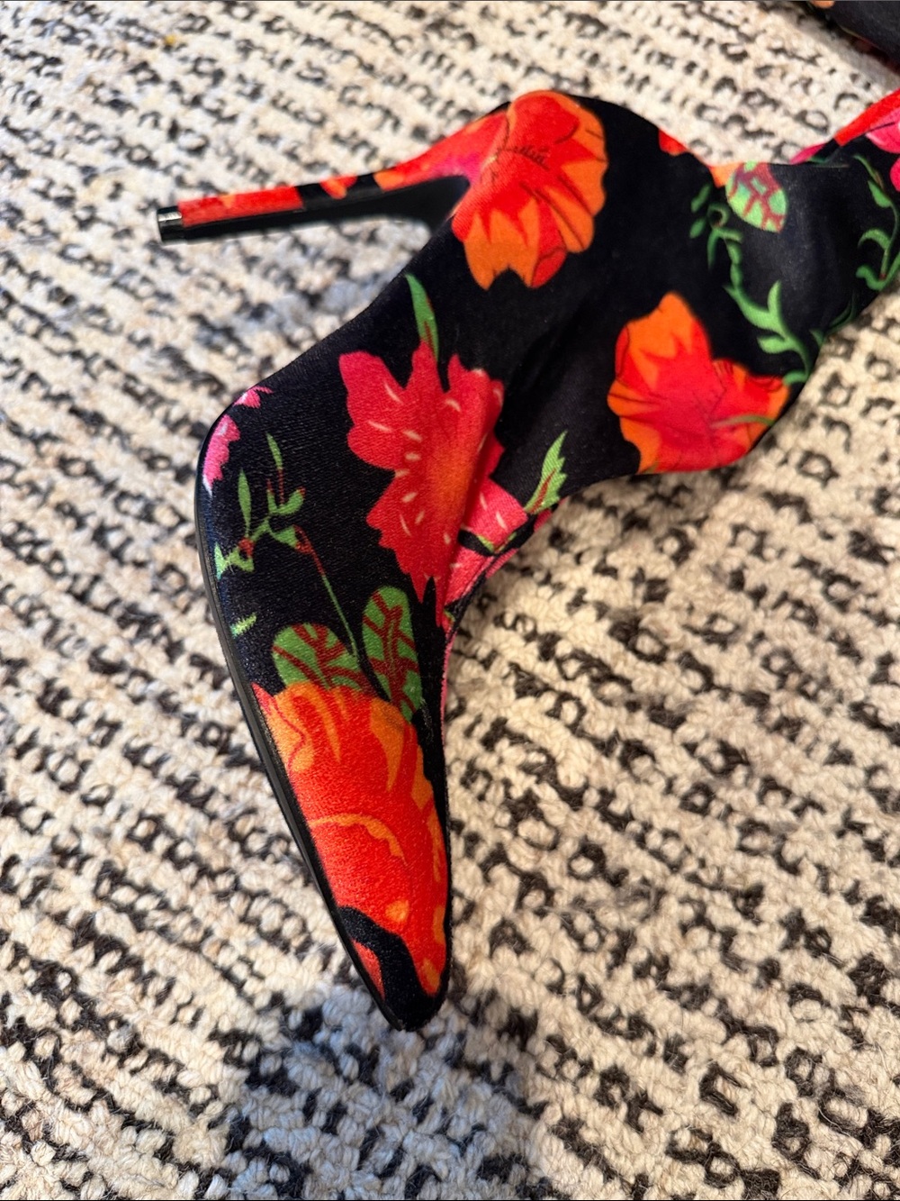 Floral Over-the-Knee Stiletto Boots - Black with Bright Floral Print - Picture 3 of 4